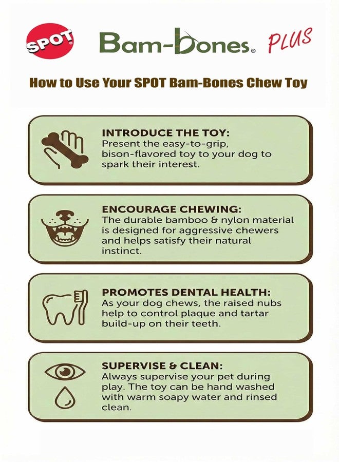 سبوت عظمة مضغ الكلاب SPOT Bam-Bones Plus ثلاثية الأرجل، مصنوعة من ألياف الخيزران والنايلون، متينة للكلاب التي تمضغ بقوة متوسطة إلى شديدة، لا تتشظى، مناسبة للكلاب البالغة والجراء في مرحلة التسنين التي يقل وزنها عن 23 كيلوغرامًا، طولها 13 سم، بنكهة البيسون. - Image 2